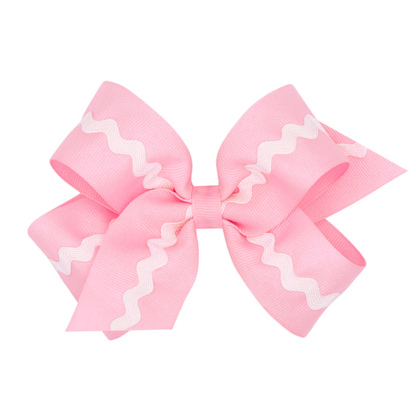 Wee Ones Medium Grosgrain Hair Bow with Ric-Rac Trim - Lt Pink w/ White