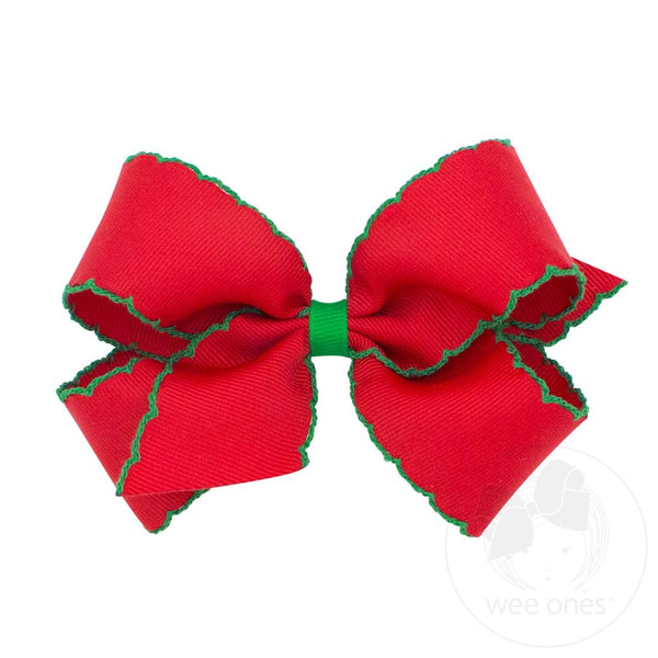 Wee Ones Medium Moonstitch Grosgrain Hair Bow with Contrasting Wrap - Red w/ Green