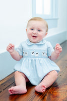 BOY WEARING SMOCKED BLUE GHOSTS BUBBLE