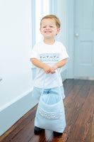 BOY WEARING SMOCKED BLUE GHOSTS T-SHIRT SET