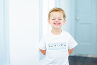 BOY WEARING SMOCKED BLUE GHOSTS T-SHIRT SET