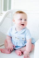 BOY WEARING SMOCKED BLUE GHOSTS BUBBLE