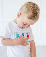 BOY WEARING SMOCKED MONSTERS T-SHIRT SET