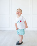 BOY WEARING SMOCKED MONSTERS T-SHIRT SET