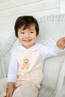 BOY WEARING HAND embroidered PUPPY IN JACK O'LANTERN LONGALL