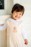 BOY WEARING HAND embroidered PUPPY IN JACK O'LANTERN LONGALL