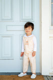 BOY WEARING HAND embroidered PUPPY IN JACK O'LANTERN LONGALL