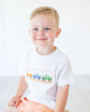 boy wearing smocked broncos t-shirt and shorts set