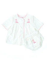 Hand embroidered pink cowgirl boots baby layette set.