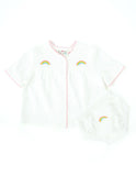 Hand embroidered rainbow layette set.