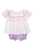 Smocked and pima cotton back to school print bloomer set. Super soft in pink and purple.