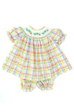 Colorful plaid with cute hand smocked caterpillars on a girls’ bloomer set.