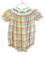 Colorful plaid with cute hand smocked caterpillars on a girls’ bubble.