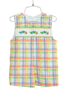 Colorful plaid with cute hand smocked caterpillars on the chest of a boys’ jonjon!.