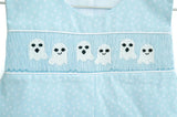 CLOSE UP OF BLUE SMOCKED GHOSTS HALLOWEEN OUTFIT