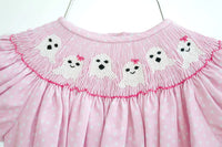 CLOSE UP OF PINK SMOCKED GHOSTS HALLOWEEN OUTFIT