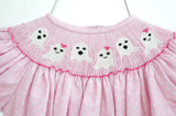 CLOSE UP OF PINK SMOCKED GHOSTS HALLOWEEN BLOOMER SET