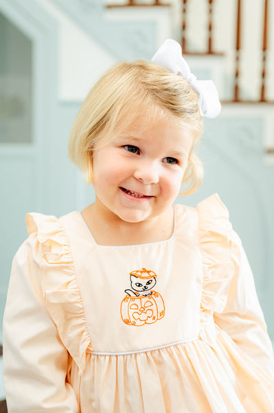 GIRL WEARING HAND embroidered KITTY IN JACK O'LANTERN BUBBLE 