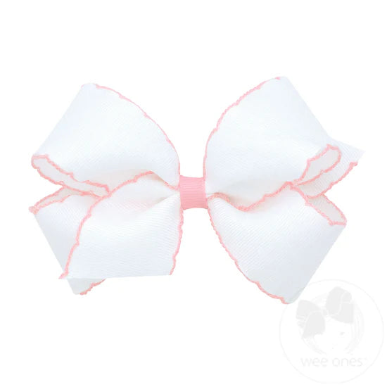 Wee Ones Medium Moonstitch Grosgrain Hair Bow with Contrasting Wrap - White w/ Lt Pink