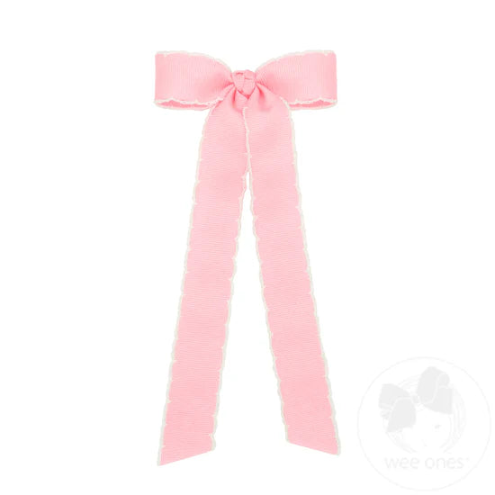 Wee Ones Mini Grosgrain Moonstitch Hair Bowtie with Knot Wrap and Streamer Tails - Lt Pink w/White