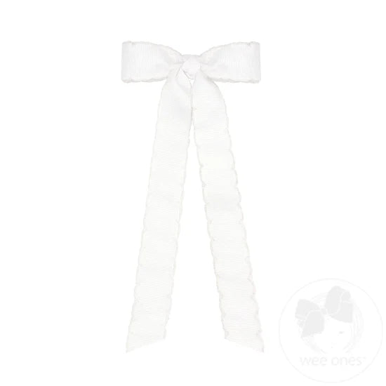 Wee Ones Mini Grosgrain Moonstitch Hair Bowtie with Knot Wrap and Streamer Tails - White