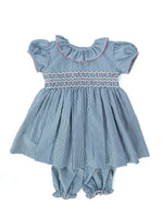 Beautiful navy gingham bloomer set with pink, white and blue hand smocking. Girly ruffle collar!