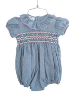 Beautiful navy gingham bubble with pink, white and blue hand smocking. Girly ruffle collar!