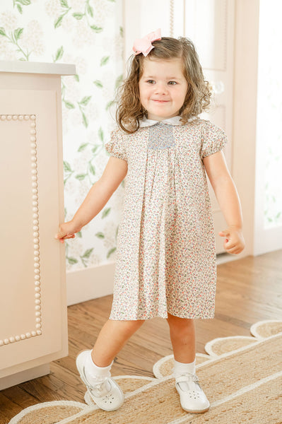 Mini Tan Floral Smocked Dress