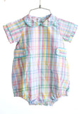 The Colorful Plaid Alexander Bubble, with its classic Peter Pan collar, gives a baby boy a fresh, playful look for spring.