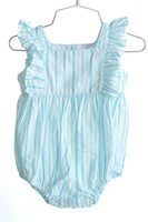 The Blue Striped Bubble with ruffle details is a charming and sweet choice for your little girl this spring.