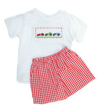 Smocked Race Car T-Shirt and Shorts Set, flat lay showing red gingham shorts and smocked race car embroidery on white tee