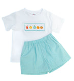 Smocked Fall Gourds T-Shirt and Shorts Set, flat lay showing teal gingham shorts and smocked gourd embroidery on white tee