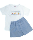 Smocked Hunting T-Shirt and Short Set by Ruth and Ralph, flat lay showing blue gingham shorts and smocked deer embroidery on white tee