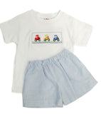Smocked Tractor T-Shirt and Short Set by Ruth and Ralph, flat lay showing striped shorts and smocked tractor embroidery on white tee