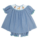 Smocked Hunting Season Bloomer Set by Ruth and Ralph, blue gingham dress with bishop collar and bloomers, on hanger