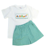 Camping Smocked Beau T-Shirt and Shorts Set, flat lay showing green gingham shorts and smocked camping embroidery on white tee