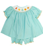 Smocked Fall Gourds Bloomer Set by Ruth and Ralph, teal gingham dress with bishop collar and bloomers