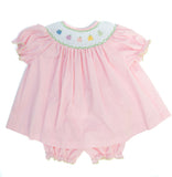 Smocked Rainbow Pumpkins Bloomer Set by Ruth and Ralph, pink gingham dress with bishop collar and bloomers