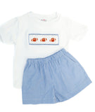 Boy's two-piece game day set featuring a hand-smocked football panel and classic blue gingham shorts