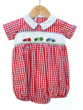 Smocked Race Car Bubble for Boys by Ruth and Ralph, red gingham with peter pan collar and smocked race car embroidery, on hanger