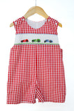Smocked Race Car Jon Jon by Ruth and Ralph, red gingham with smocked race car embroidery, on hanger