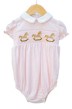 Pink Rocking Horses Smocked Pima Cotton Bubble