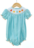 Smocked Fall Gourds Bubble for Girls, teal gingham with ruffle sleeves, on hanger