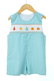 Smocked Fall Gourds Jon Jon by Ruth and Ralph, light blue with smocked gourd embroidery, on hanger