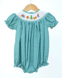 Smocked Camping Bubble for Girls by Ruth and Ralph, teal gingham with ruffle sleeves, on hanger