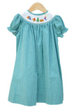 Smocked Camping Dress by Ruth and Ralph, teal gingham with bishop collar, on hanger