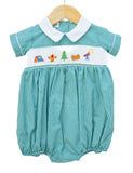 Smocked Camping Bubble for Boys by Ruth and Ralph, teal gingham with peter pan collar and smocked camping embroidery, on hanger