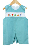 Smocked Camping Jon Jon by Ruth and Ralph, teal gingham with smocked embroidery, on hanger