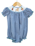 Smocked Hunting Season Bubble for Girls by Ruth and Ralph, blue gingham with ruffle sleeves, on hanger