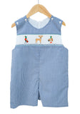 Smocked Hunting Jon Jon by Ruth and Ralph, blue gingham with peter pan collar and smocked deer and duck embroidery, on hanger